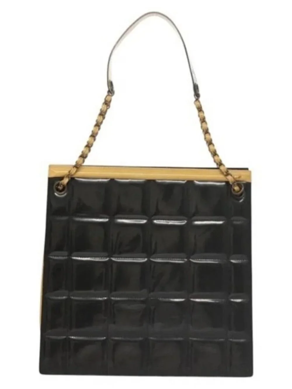CHANEL Choco Bar Chain Shoulder Bag Patent leather Black CC Auth 122608
